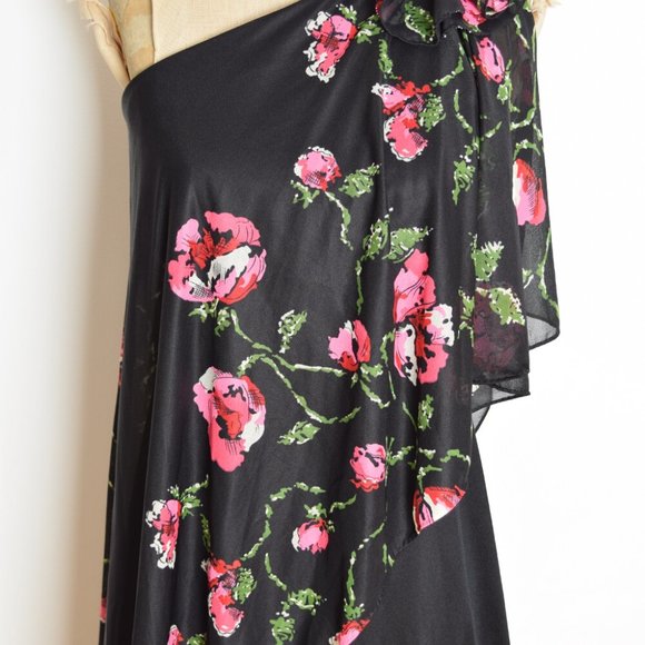 vintage 70s dress black pink one shoulder draped floral print disco mini S - Picture 3 of 7